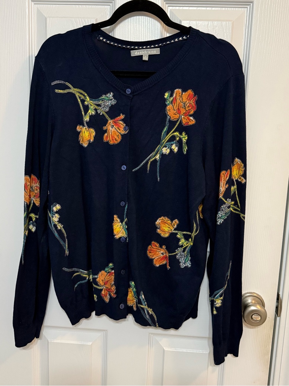 Daniel Rainn Navy Cardigan with Orange Floral Embroidery